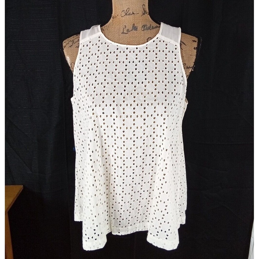 LOFT Top MED Cream Eyelet Lace Front Semi Sheer Back Sleeveless Business Casual